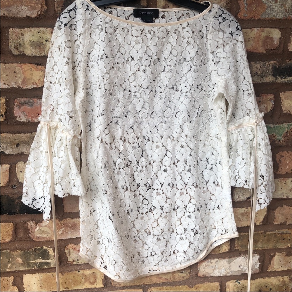 Karen Kane Cream Floral Lace Bell Sleeve Blouse